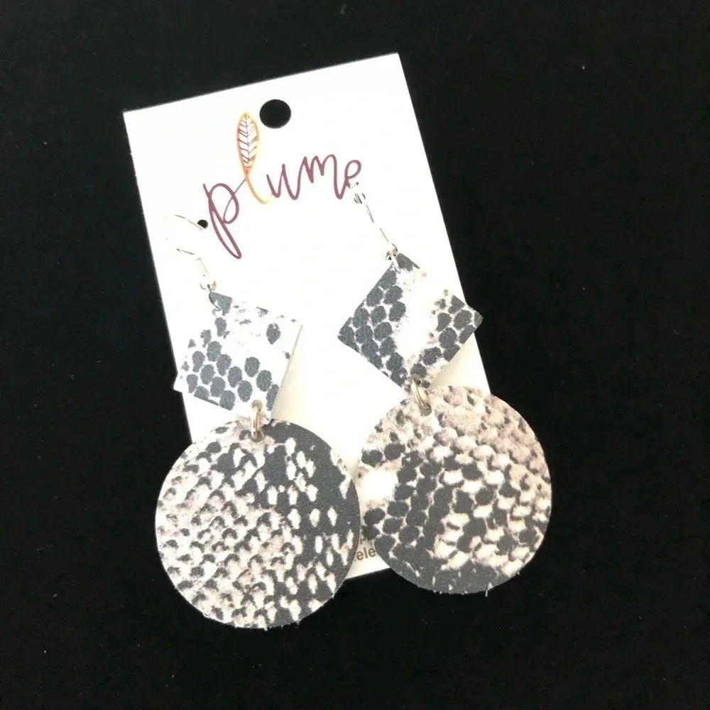 New Plume‎ Leather Faux Snakeskin Geo Earrings NWT